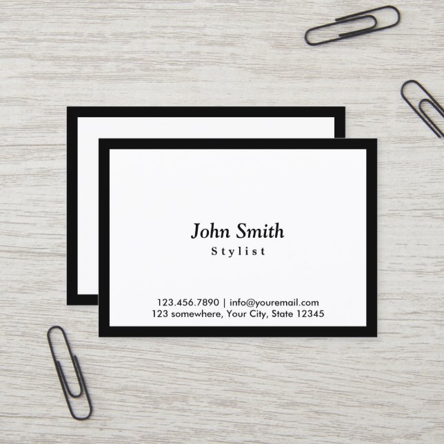 Hair Stylist Minimalist Black Border Business Card (Front/Back In Situ)