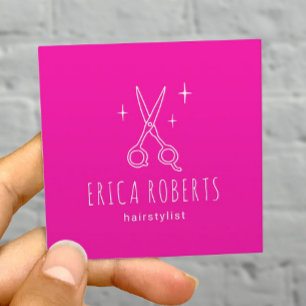 Hair Stylist Minimalist Scissor Salon Hot Pink Square Business Card