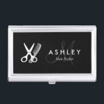 Hair Stylist Modern Black White Scissors Monogram Business Card Holder<br><div class="desc">Hair Stylist Modern Black White Scissors Monogram Business Card Case Template (The Background Colour is Changeable). For further customization, you can click the "Customize it" button to switch to design mode. All text style, colours, sizes can be modified to fit your needs. If you need any help, please contact me....</div>