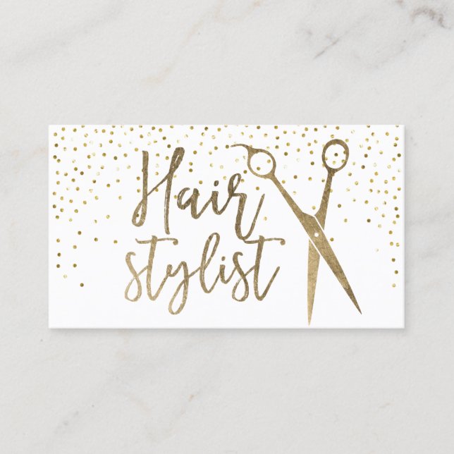 Hair Stylist Modern Gold Scissor Typography Business Card (Front)