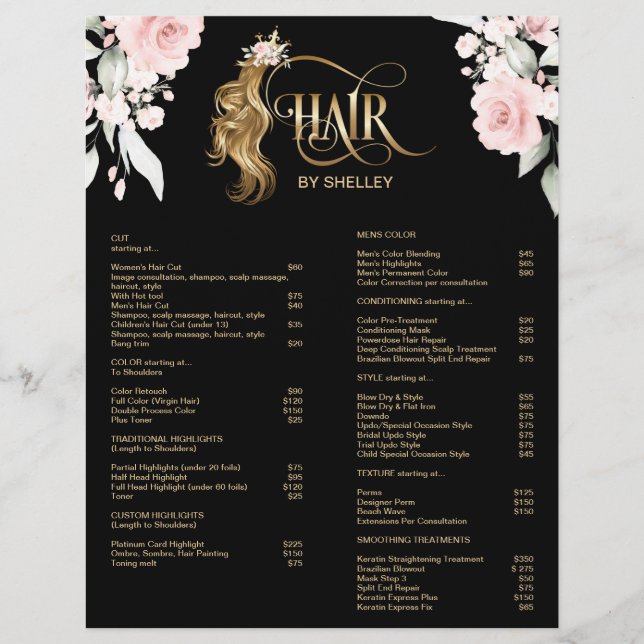 Hair stylist modern gold typography price list flyer (Front)