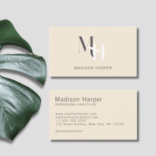 Hair stylist modern monogram initials beige business card (Creator Uploaded)