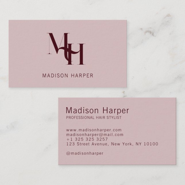 Hair stylist modern monogram initials pink red business card (Front/Back)