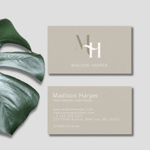 Hair stylist modern monogram initials taupe business card