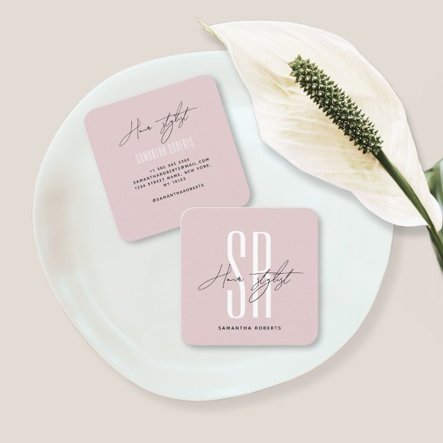 Hair stylist modern pink monogram initials square business card (Creator Uploaded)