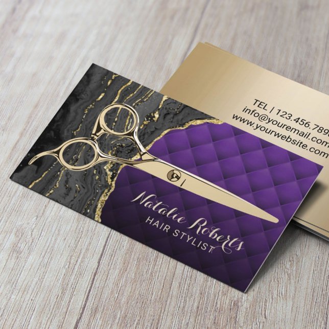 Hair Stylist Modern Purple Gold Agate Beauty Salon Business Card (Creator Uploaded)
