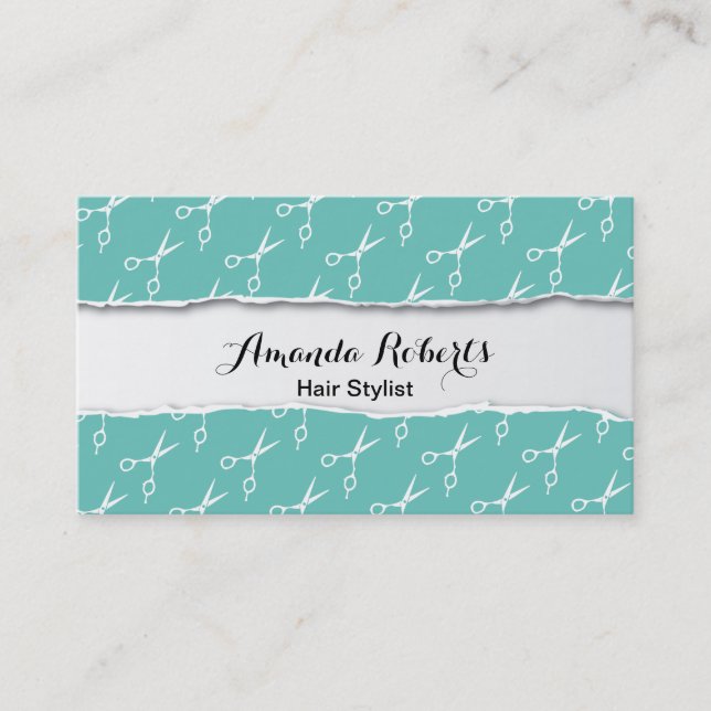 Hair Stylist | Modern Scissor Pattern Turquoise Business Card (Front)