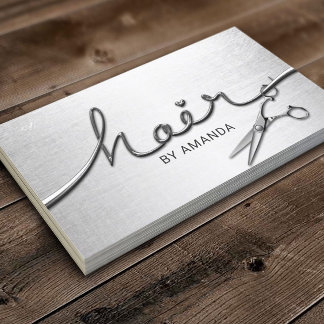 Hair Stylist Modern Silver 3D Script Salon Business Card