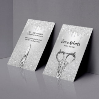 Hair Stylist Modern Silver Glitter Drips Salon Business Card