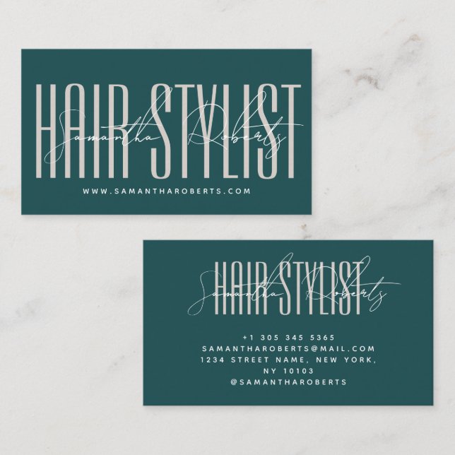 Hair stylist modern typography script green business card (Front/Back)