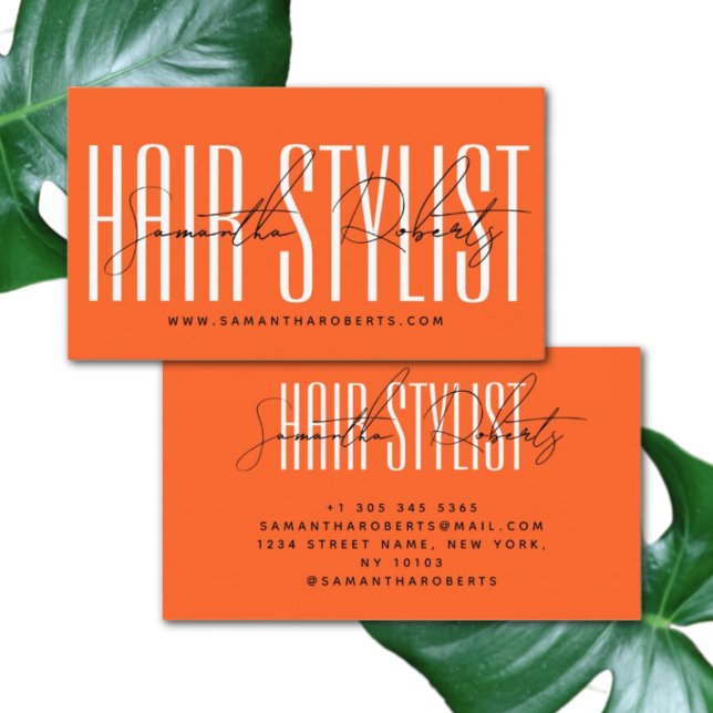 Hair stylist modern typography script neon orange business card (Creator Uploaded)