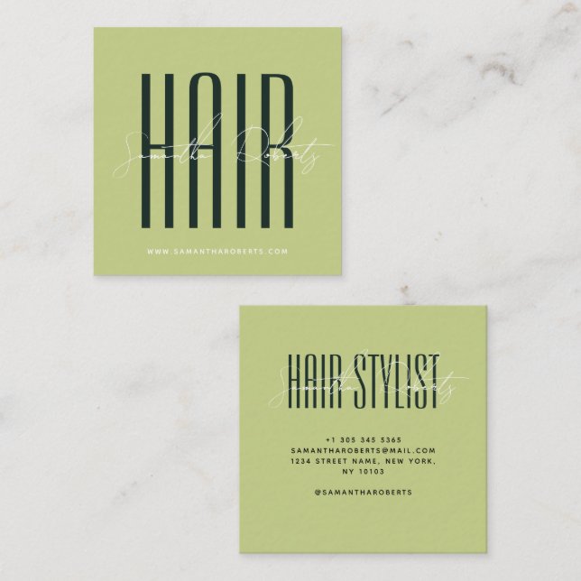 Hair stylist modern typography script pearl pink square business card (Front/Back)