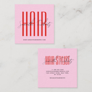 Hair stylist modern typography script pink red square business card