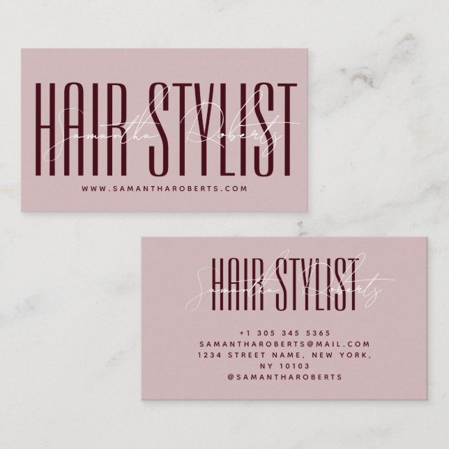 Hair stylist modern typography script purple business card (Front/Back)