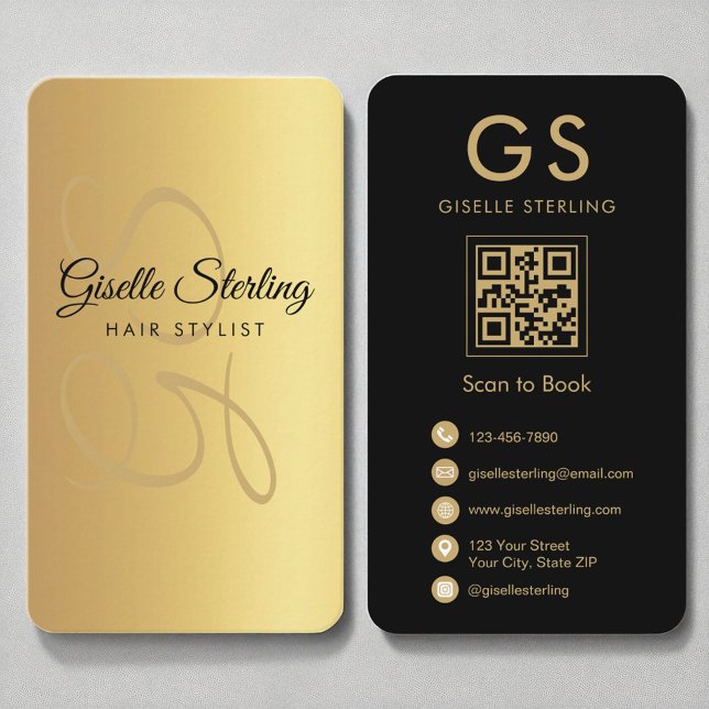 Hair Stylist Monogram Gold Black QR Code Business Card (Creator Uploaded)