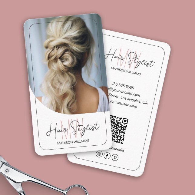 Hair Stylist Monogram Logo Photo White Business Card (Hair Stylist Monogram Logo Photo White Business Card)