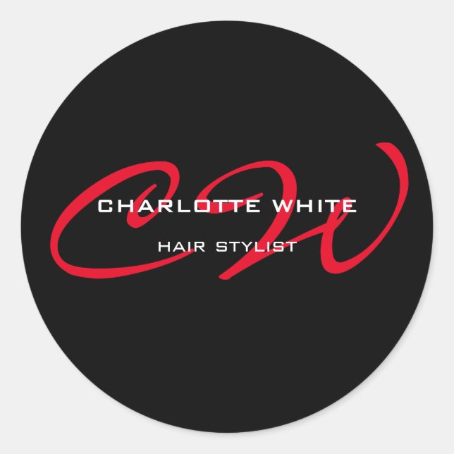 Hair Stylist Monogram Minimalist Modern Black Red Classic Round Sticker (Front)