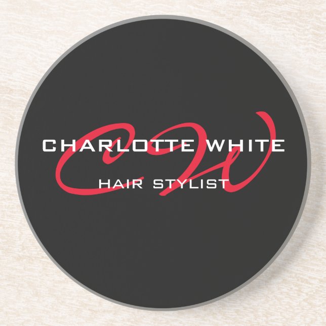 Hair Stylist Monogram Minimalist Modern Black Red Coaster (Front)