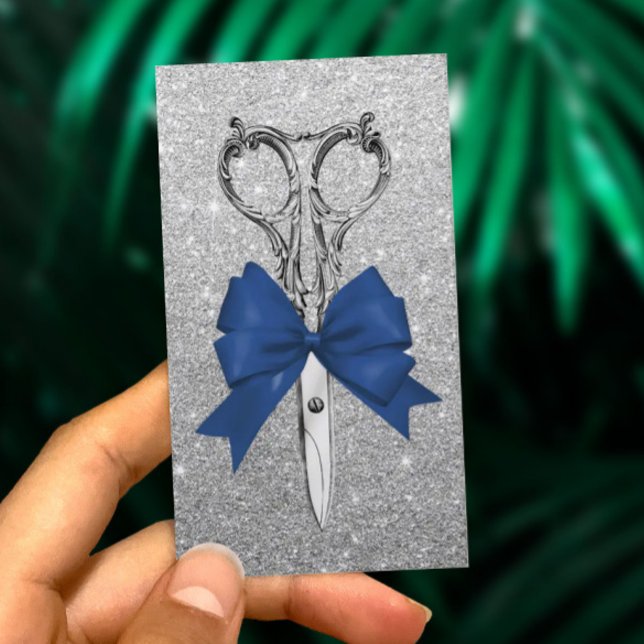 Hair Stylist Navy Blue Bow Scissor Silver Glitter Business Card (Creator Uploaded)