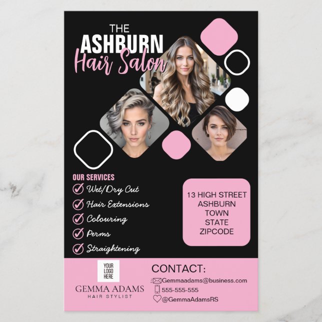 Hair Stylist Photo Custom Design in Black pink Flyer (Front)