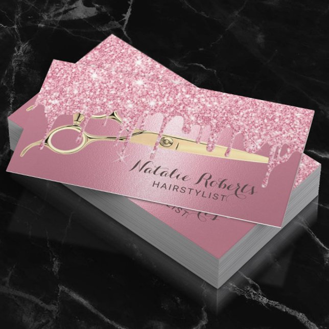 Hair Stylist Pink Glitter Drips Beauty Salon Business Card (Creator Uploaded)