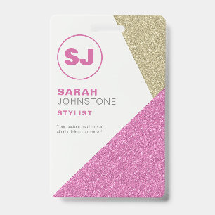Hair Stylist Pink & Gold Glitter Initial Badge