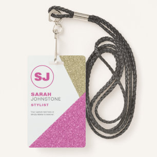 Hair Stylist Pink & Gold Glitter Initial Badge