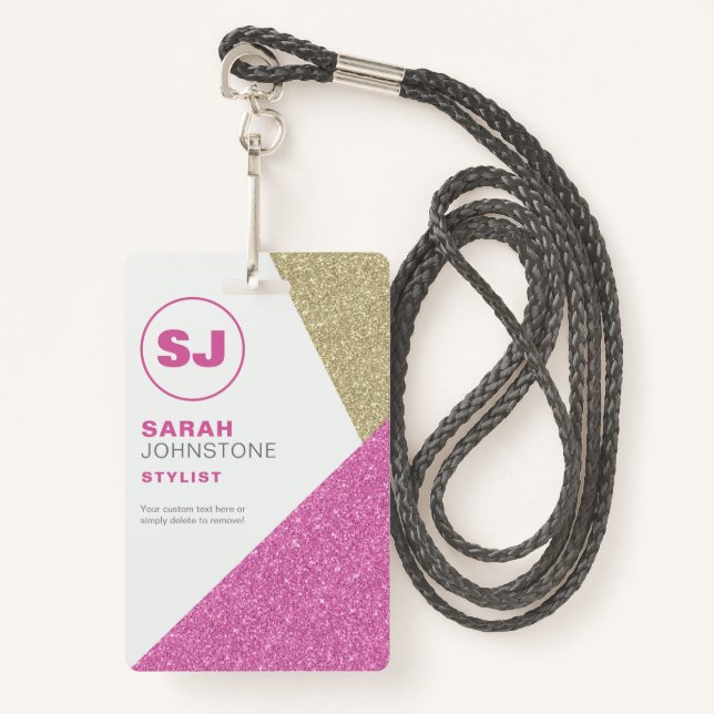 Hair Stylist Pink & Gold Glitter Initial Badge (Front with Lanyard)
