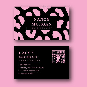 Hair Stylist Pink Leopard Print Qr Code Business Card