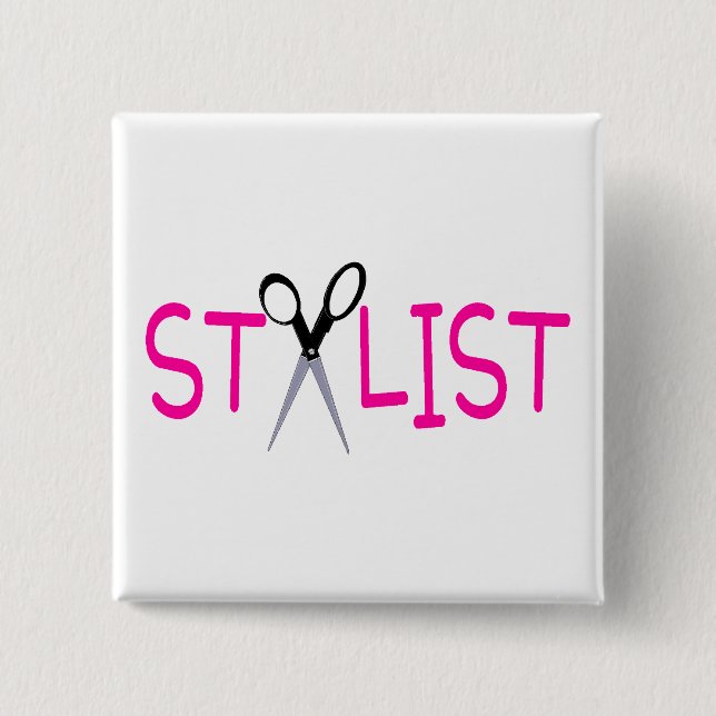 Hair Stylist Pink with Scissors 2 Inch Square Button (Front)