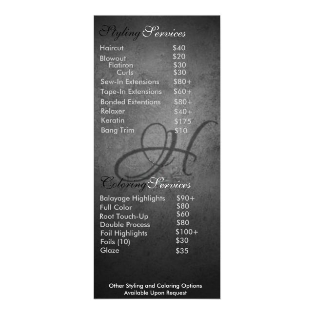 Hair Stylist Price List Rack Card (Back)