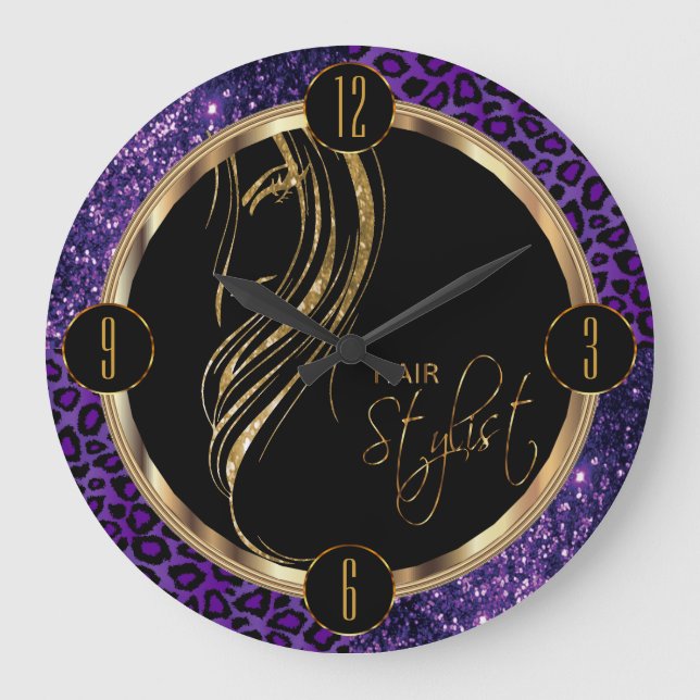 Hair Stylist Purple Glitter and Leopard Print Large Clock (Front)
