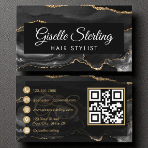 Hair Stylist QR Code Black Gold Agate Luxury Business Card