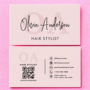 Hair Stylist QR Code Monogram Blush Pink Business Card