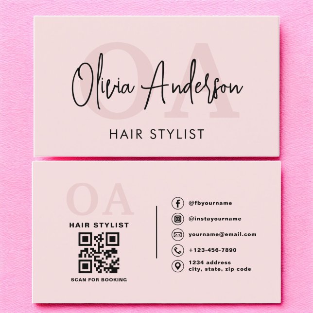 Hair Stylist QR Code Monogram Blush Pink  Business Card (Creator Uploaded)