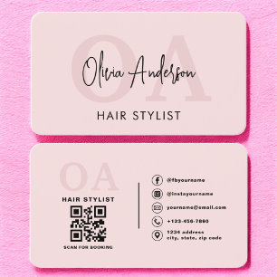 Hair Stylist QR Code Monogram Blush Pink Business Card