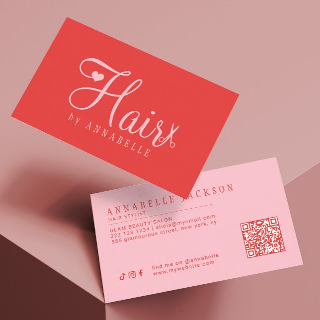 Hair stylist QR code retro modern script red pink Business Card (Creator Uploaded)