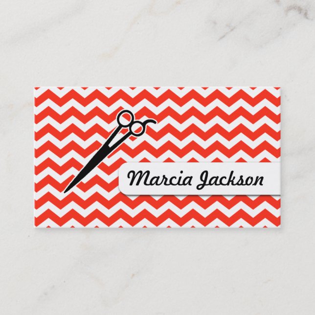 hair stylist red chevron scissors stripes business card (Front)