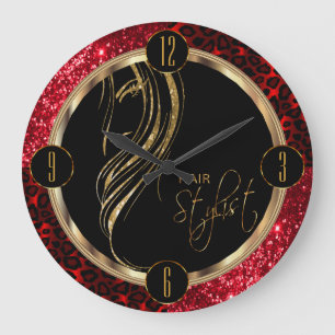 Hair Stylist Red Glitter and Leopard Print Large Clock