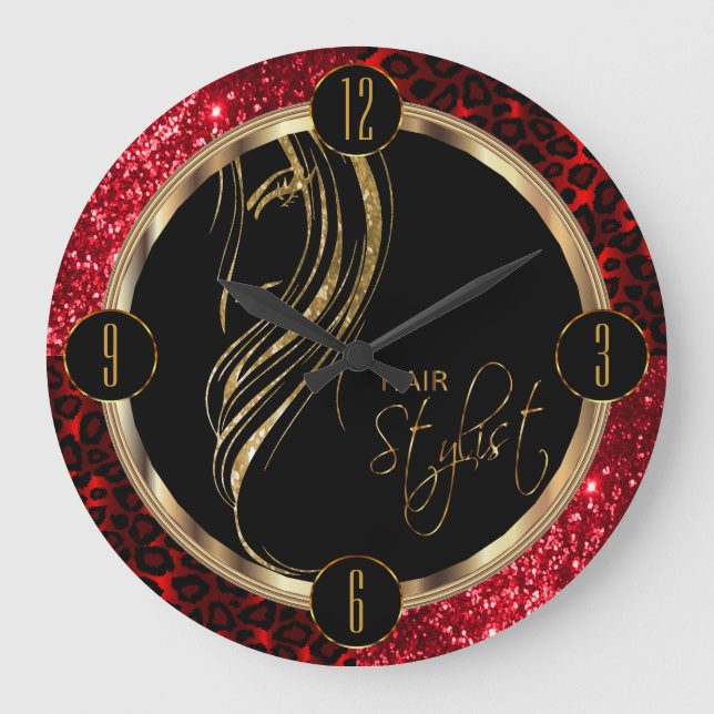 Hair Stylist Red Glitter and Leopard Print Large Clock (Front)