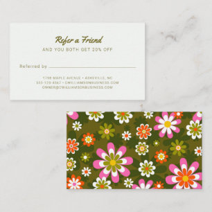 Hair Stylist Retro Groovy Daisy Olive Green Pink Referral Card