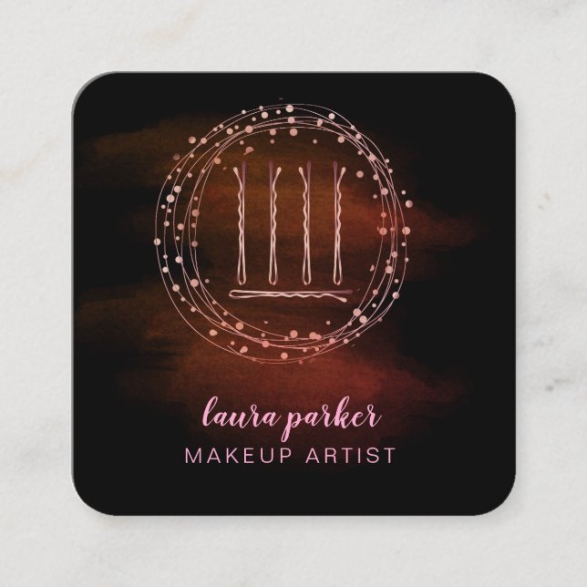 Hair Stylist Rose Gold Bobby Pins Makeup Artist Square Business Card (Front)
