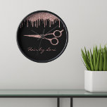 Hair Stylist Rose Gold Drips Glitter Scissors Clock<br><div class="desc">This design was created though digital art. It may be personalized in the area provided by changing the photo and/or text. Or it can be customized by choosing the click to customize further option and delete or change the colour the background, add text, change the text colour or style, or...</div>