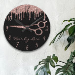 Hair Stylist Rose Gold Drips Glitter Scissors Roun Round Clock<br><div class="desc">This design may be personalized in the area provided by changing the photo and/or text. Or it can be customized by clicking Personalize this Template and then choosing the click to customize further option and delete or change the colour of the background, add text, change the text colour or style,...</div>