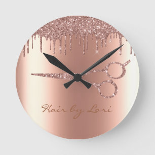 Hair Stylist Rose Gold Drips Glitter Scissors Round Clock