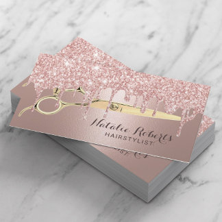 Hair Stylist Rose Gold Glitter Drips Beauty Salon Business Card