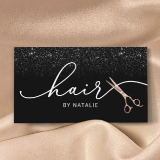 Hair Stylist Rose Gold Scissor Black Glitter Salon Business Card