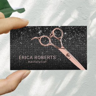 Hair Stylist Rose Gold Scissor Black Glitter Salon Business Card