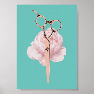 Hair Stylist Rose Gold Scissor & Flower Teal Salon Poster