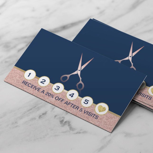 Hair Stylist Rose Gold Scissor Navy Blue Loyalty Card (Creator Uploaded)